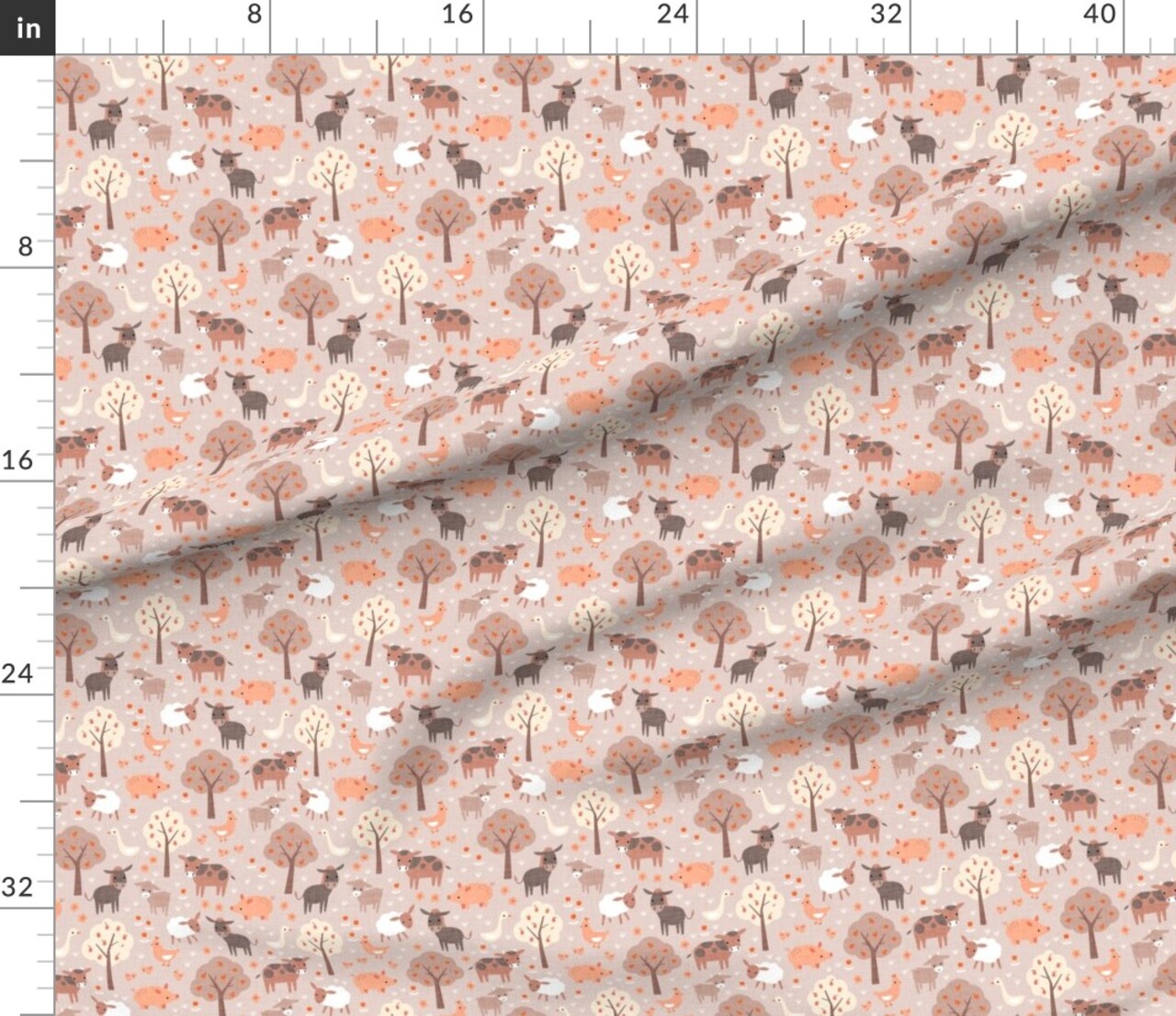 Whimsical Farm Warm Neutral Boho Animals Fun Cute Happy Cheerful Sheep Donkey Cow Gender Farmhouse Blush Terracotta Custom Printed Fabric by Spoonflower Various Fabrics by the Yard or Fat Quarter